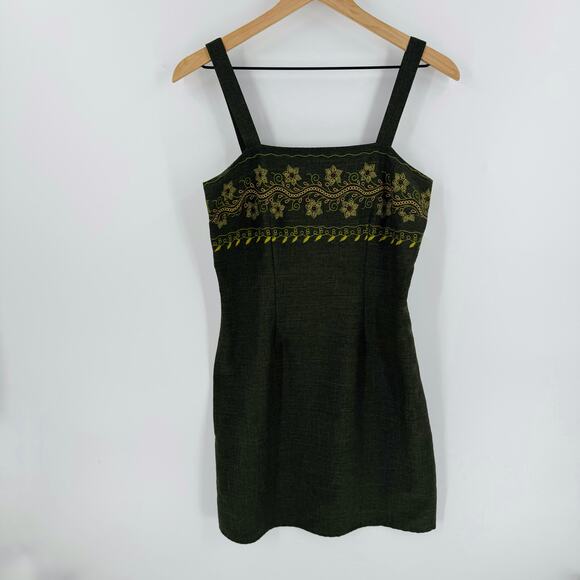 Vintage No Boundaries Olive Green Floral Print Boho Mini Dress Y2K Size Medium - Picture 1 of 7